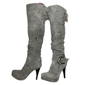 Gorgeous Ribbon Tied, Grey Suede, High Heel Over The Knee Boots 8.5